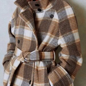 Plaid Tie Waist Double-Breasted Coat