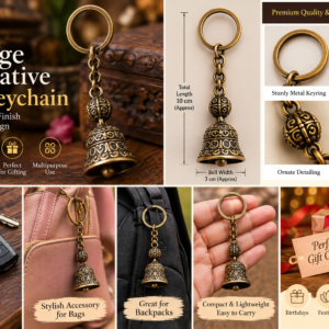 Vintage Decorative Bell Keychain – Antique Bronze Finish with Ornate Metal Chain